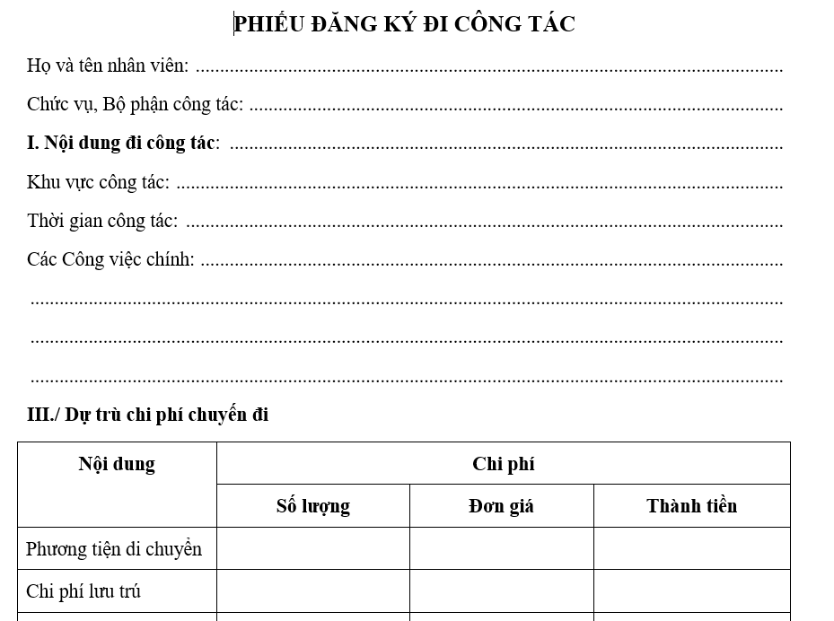 Mẫu phiếu đăng ký đi công tác