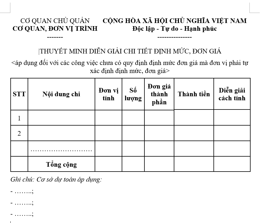 Mẫu thuyết minh, diễn giải chi tiết định mức, đơn giá