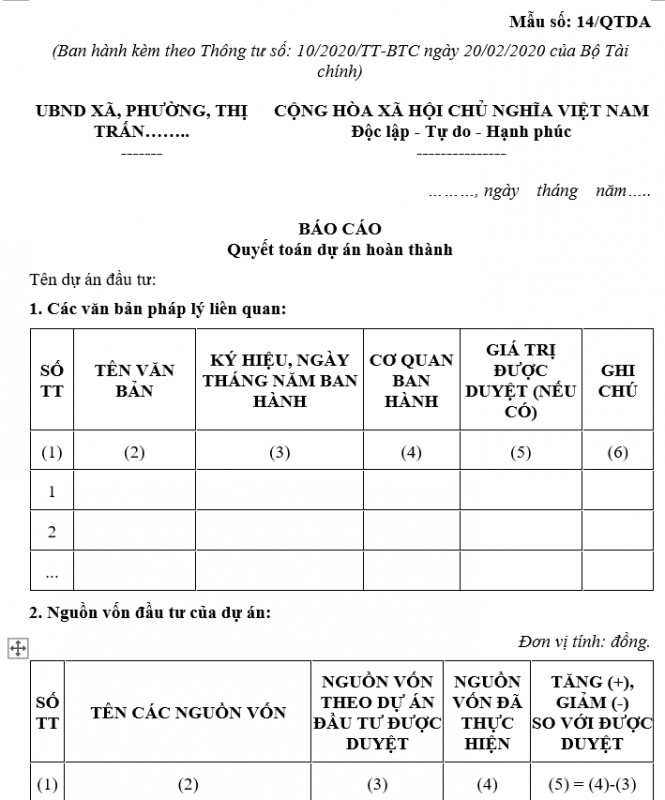 Mẫu số: 14/QTDA BÁO CÁO Quyết toán dự án hoàn thành