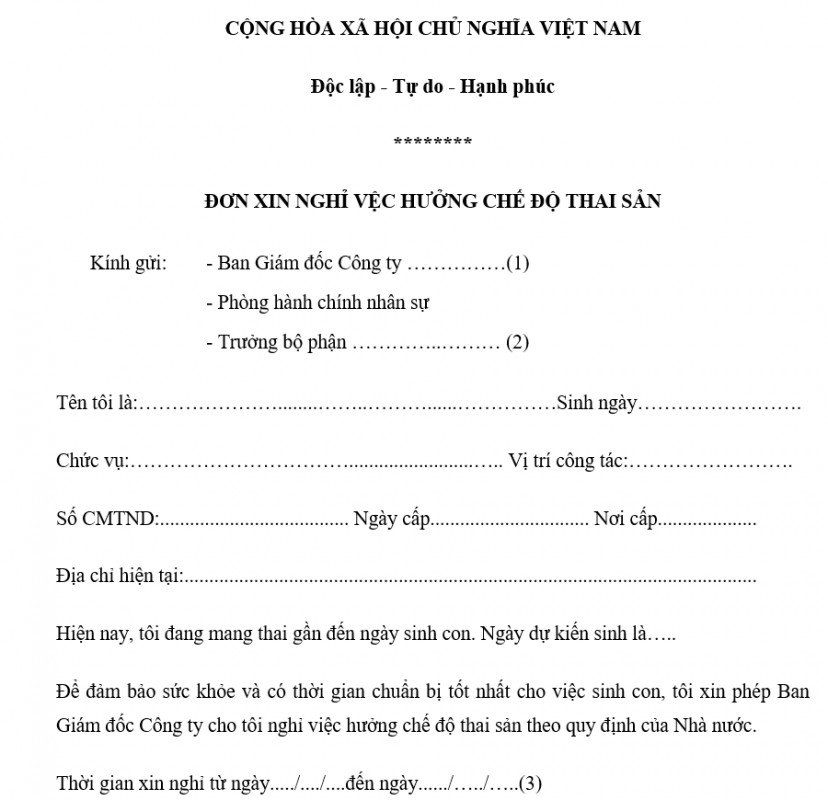 Đơn xin nghỉ thai sản mới nhất 2021