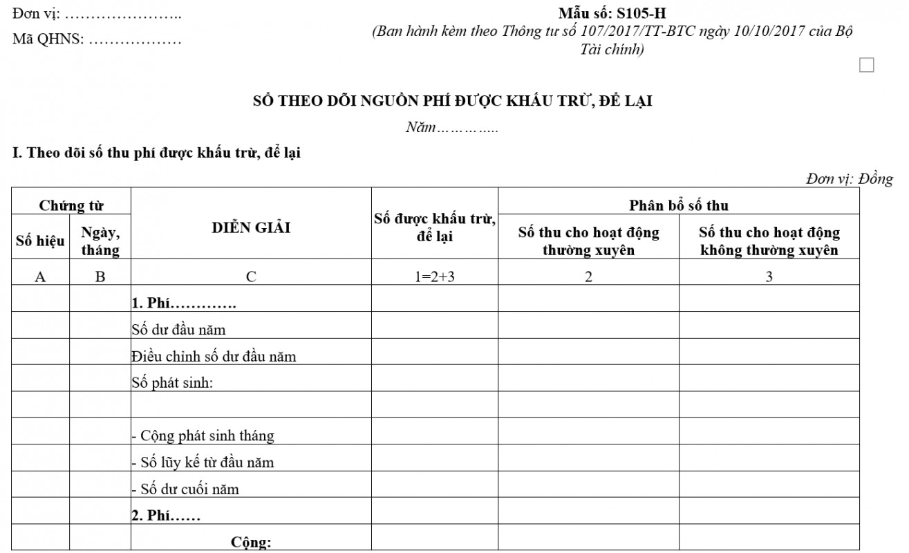 Mẫu S105-H: Sổ theo dõi nguồn phí được khấu trừ, để lại