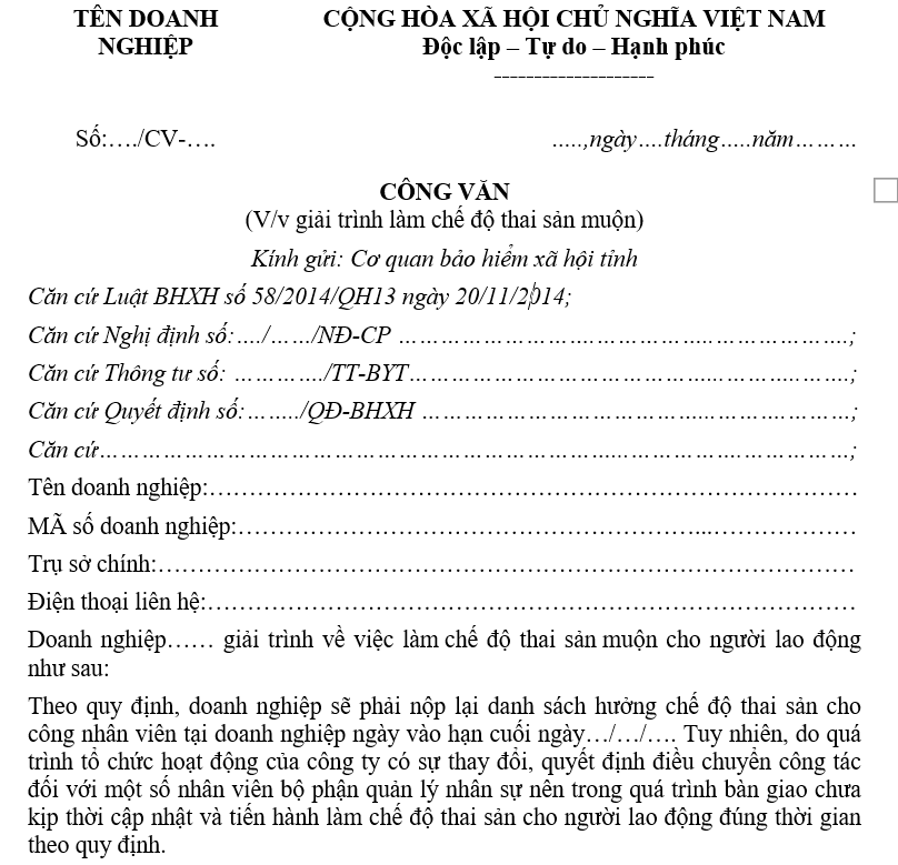 Mẫu công văn giải trình làm chế độ thai sản muộn