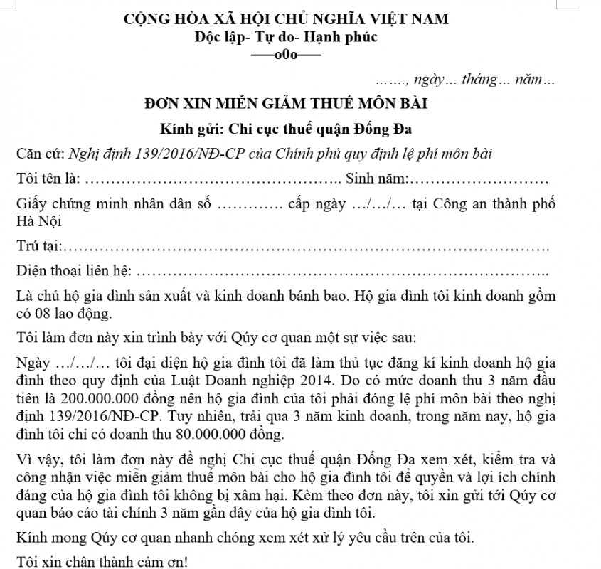 Mẫu đơn xin miễn giảm thuế môn bài