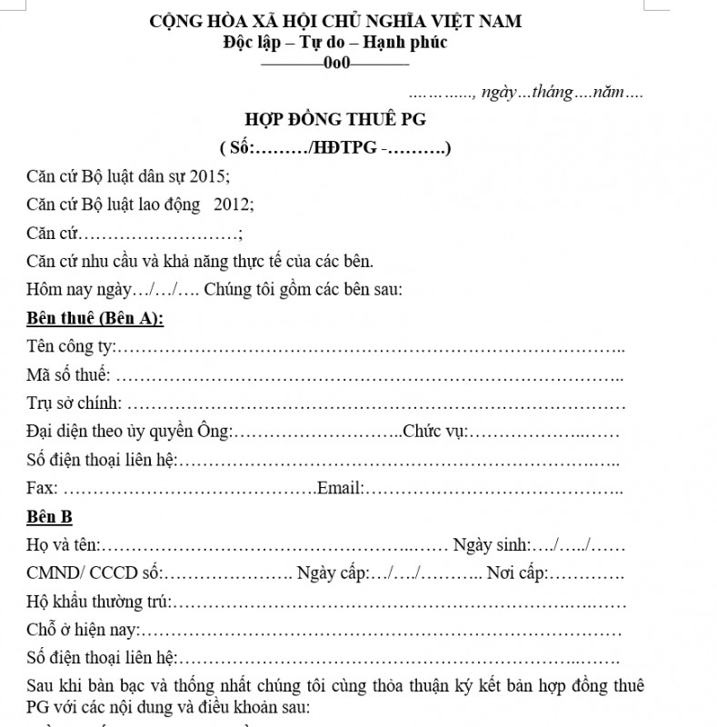 Mẫu hợp đồng thuê PG