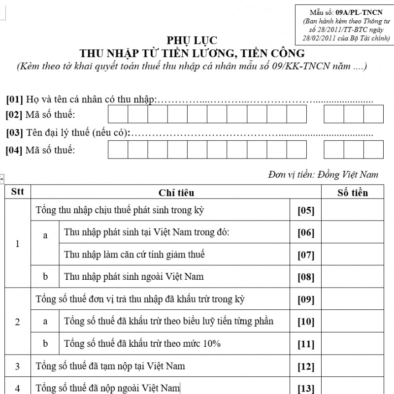 Phụ lục thu nhập từ tiền lương, tiền công