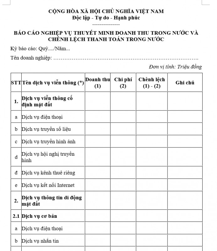 Mẫu báo cáo nghiệp vụ thuyết minh DT trong nước và chênh lệch thanh toán
