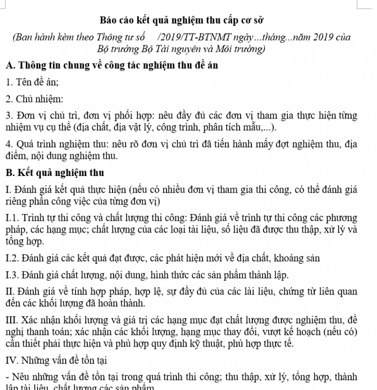 Mẫu báo cáo kết quả nghiệm thu cấp cơ sở