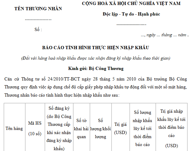 Mẫu báo cáo tình hình thực hiện nhập khẩu