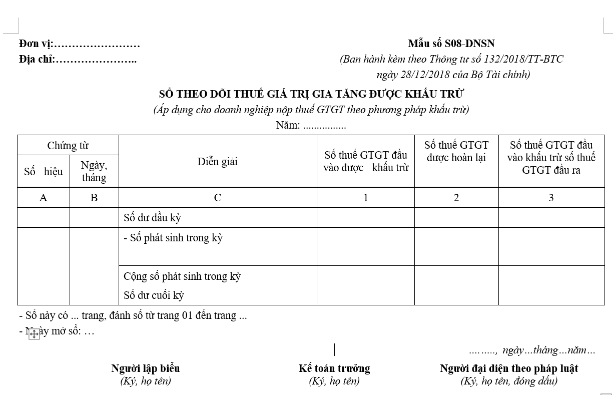 Mẫu Số S08-Dnsn: Sổ Theo Dõi Thuế Giá Trị Gia Tăng Được Khấu Trừ