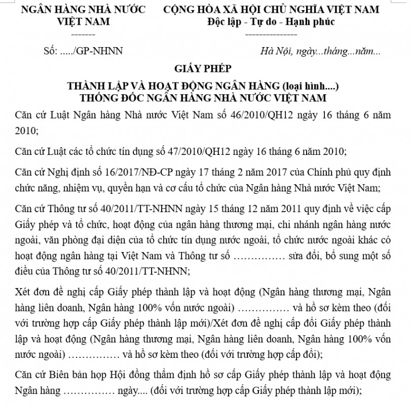 Mẫu giấy phép thành lập và hoạt động ngân hàng thương mại