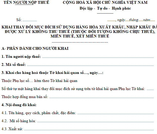 Mẫu tờ khai thay đổi mục đích sử dụng hàng hoá XNK