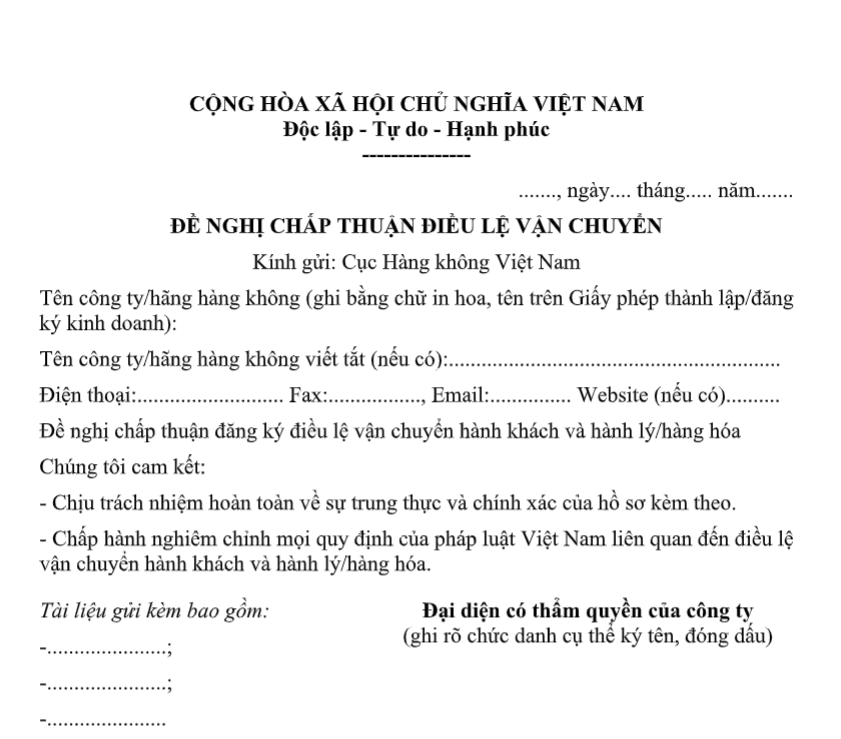 Mẫu đề nghị chấp thuận điều lệ vận chuyển