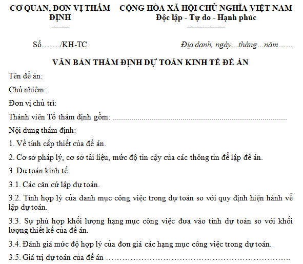 Mẫu văn bản thẩm định dự toán kinh tế đề án