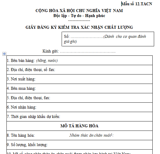 Giấy đăng ký kiểm tra xác nhận chất lượng thức ăn chăn nuôi XK, NK