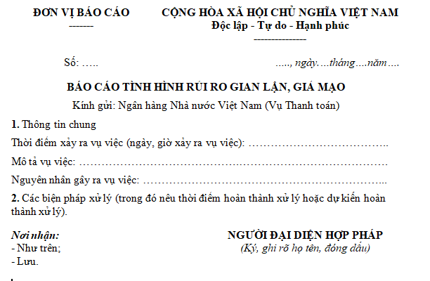 Mẫu báo cáo tình hình rủi ro gian lận, giả mạo