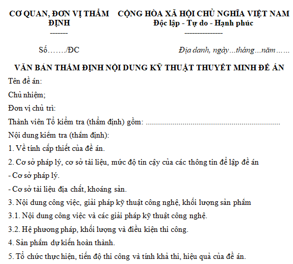 Mẫu văn bản thẩm định nội dung kỹ thuật thuyết minh đề án
