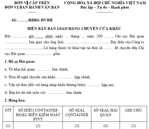 Mẫu biên bản bàn giao hàng chuyển cửa khẩu