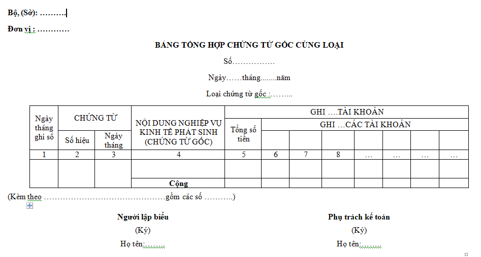 Mẫu bảng tổng hợp chứng từ gốc cùng loại