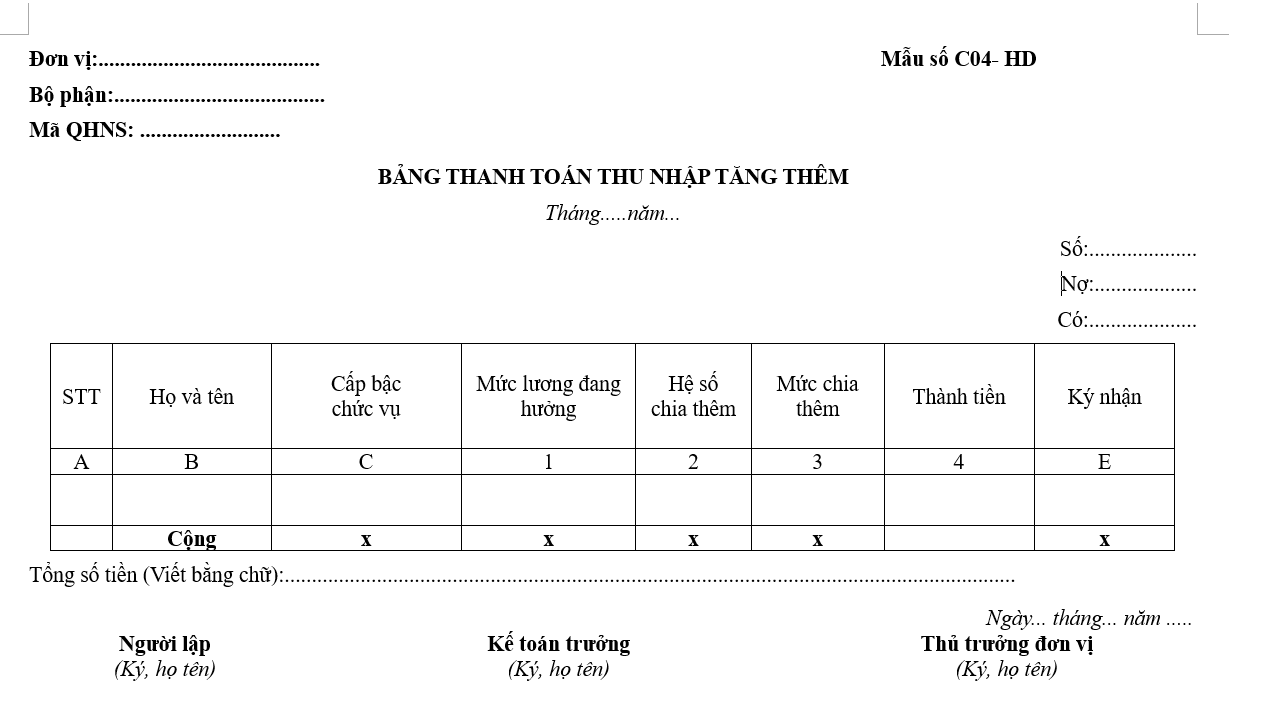 Mẫu bảng thanh toán thu nhập tăng thêm