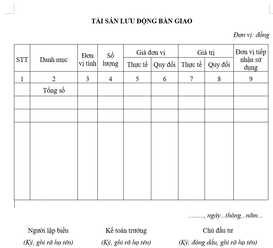 Mẫu tài sản lưu động bàn giao