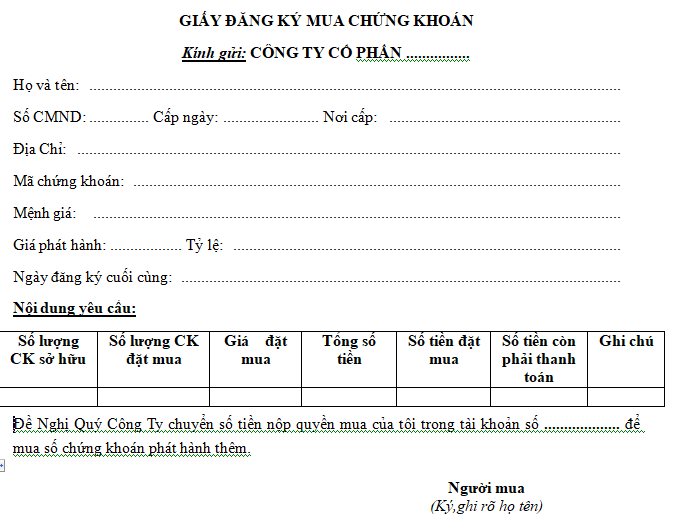 Mẫu giấy đăng ký mua chứng khoán