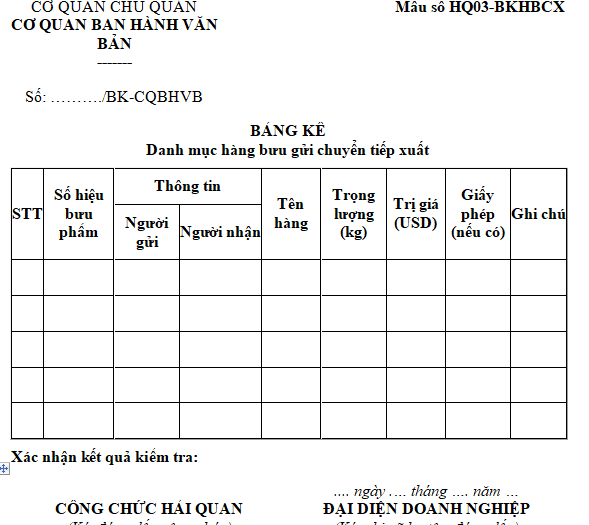 Mẫu bảng kê danh mục hàng bưu gửi chuyển tiếp xuất