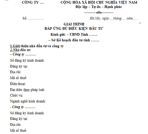 Mẫu giải trình đáp ứng điều kiện đầu tư