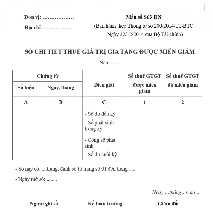 Sổ chi tiết thuế giá trị gia tăng được miễn giảm