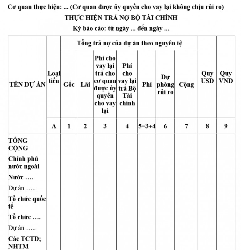 Mẫu thực hiện trả nợ Bộ Tài chính