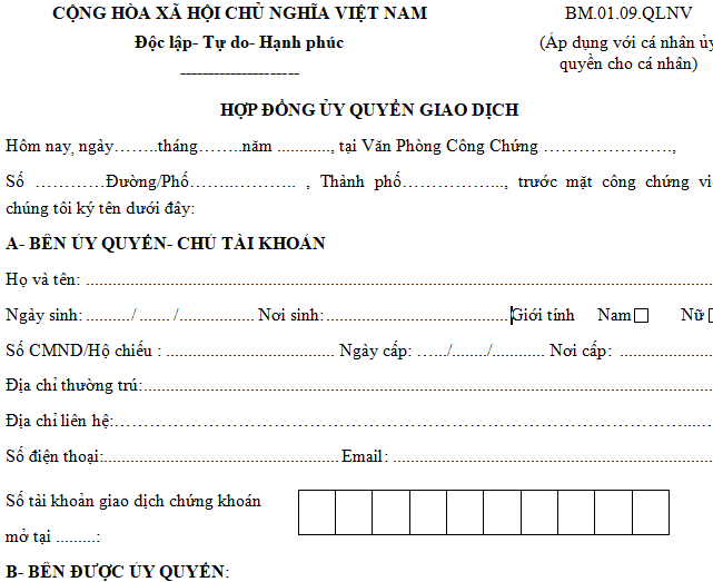 Mẫu hợp đồng ủy quyền giao dịch cá nhân