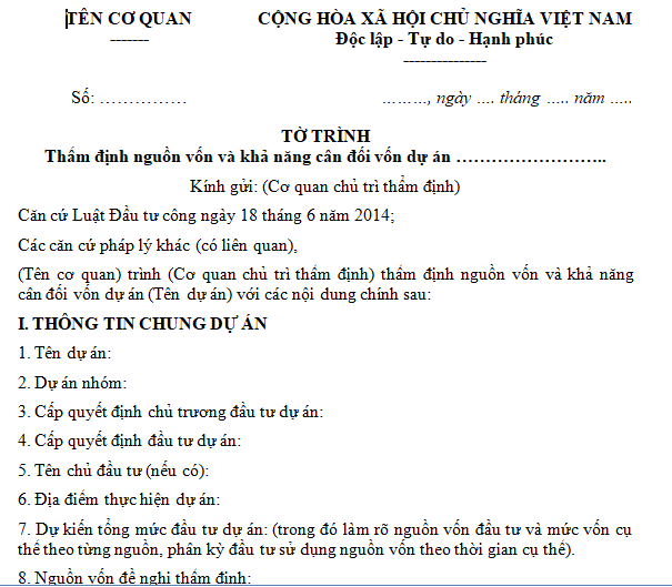 Mẫu tờ trình thẩm định nguồn vốn và khả năng cân đối vốn dự án