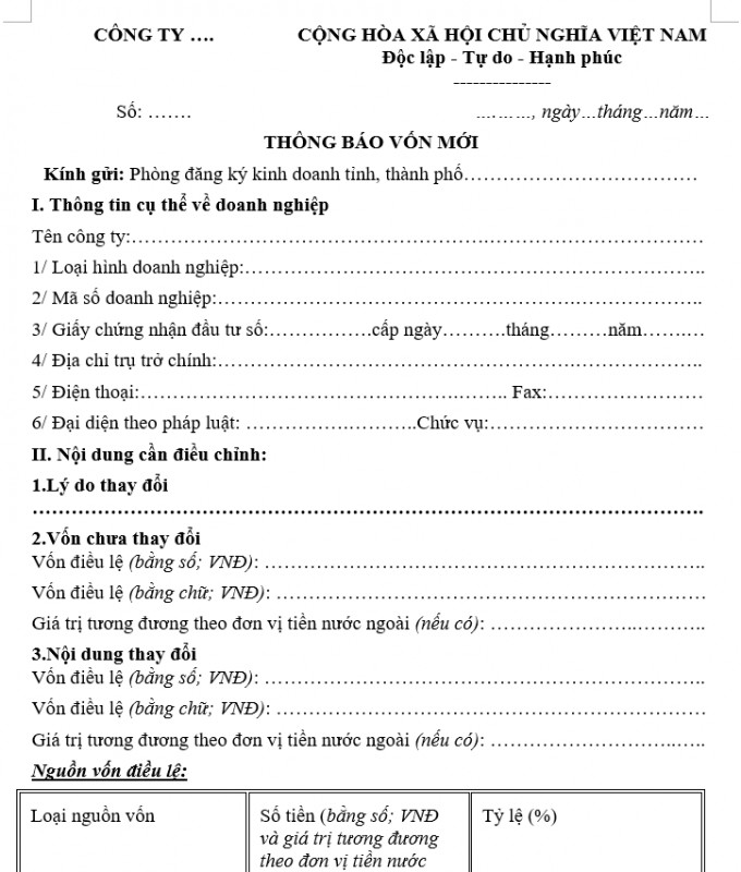 Mẫu thông báo vốn mới