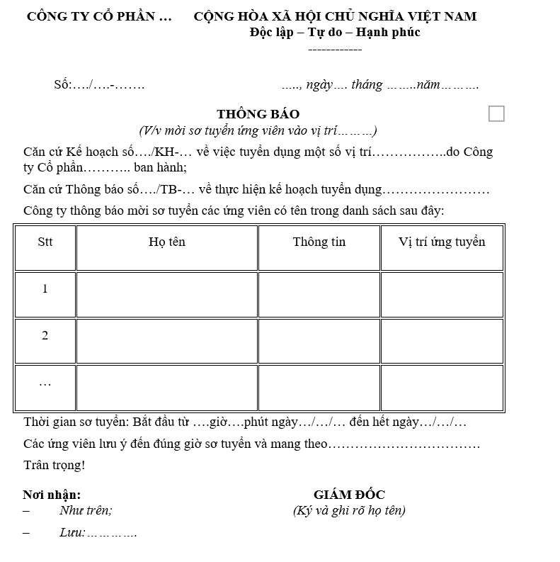 Mẫu thông báo mời sơ tuyển