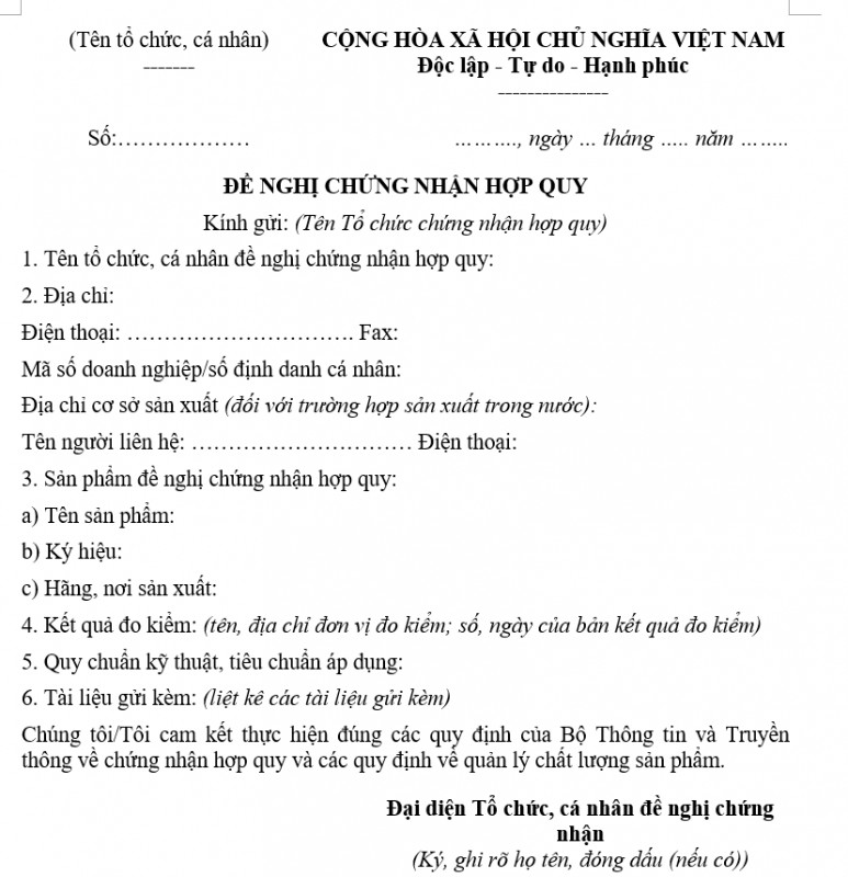 Mẫu văn bản đề nghị chứng nhận hợp quy