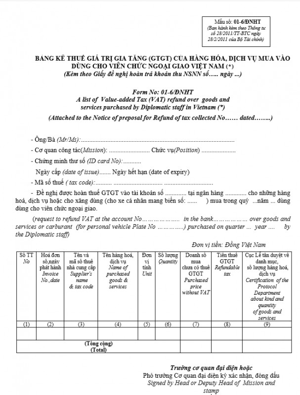 Mẫu số 01-6/ĐNHT : Bảng kê thuế GTGT của hàng hoá, dịch vụ mua vào dùng cho viên chức ngoại giao Việt Nam