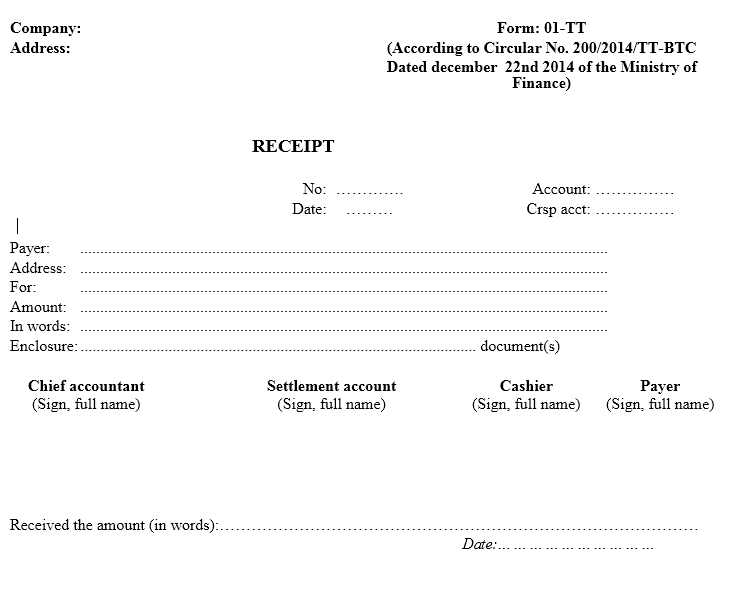 Mẫu phiếu thu - TIẾNG ANH  theo TT200/2014/TT-BTC ngày 22/12/2014 của Bộ Tài chính