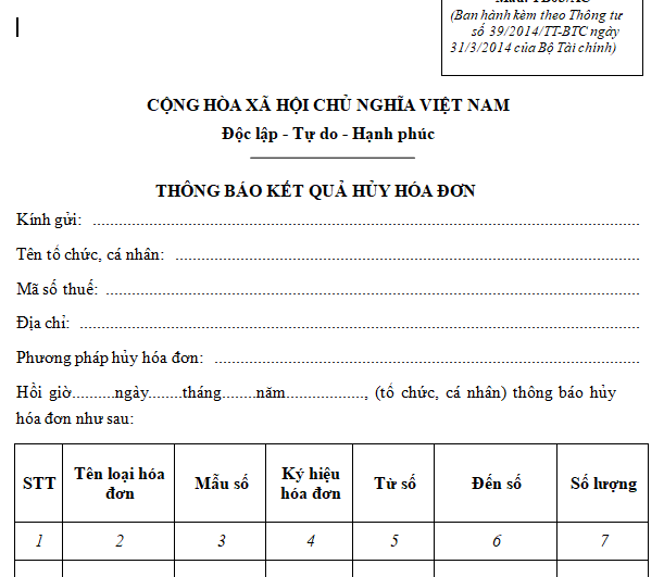 Mẫu TB03/AC: Thông báo kết quả hủy hóa đơn