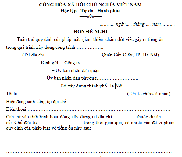 Mẫu đơn đề nghị chấm dứt giảm thiểu tiếng ồn xây dựng