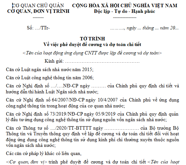 Mẫu tờ trình phê duyệt đề cương và dự toán chi tiết