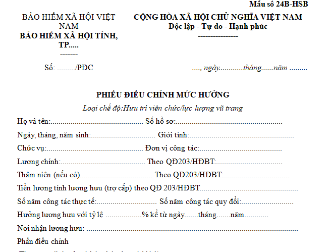 Phiếu điều chỉnh mức hưởng lương hưu mới