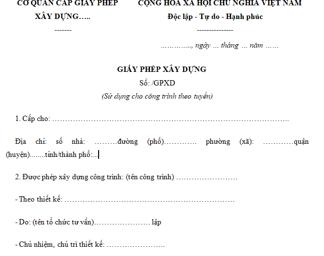 Mẫu giấy phép xây dựng (Sử dụng cho công trình theo tuyến)