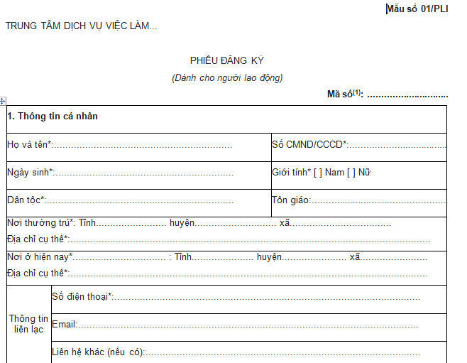 Phiếu đăng ký dành cho người lao động