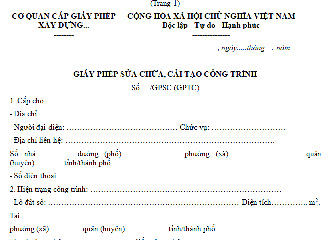 Mẫu giấy phép sửa chữa, cải tạo công trình