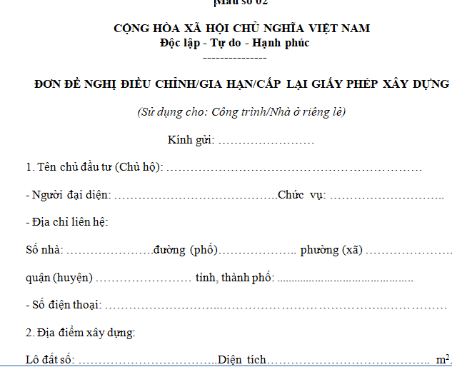 Đơn đề nghị điều chỉnh/gia hạn/cấp lại giấy phép xây dựng