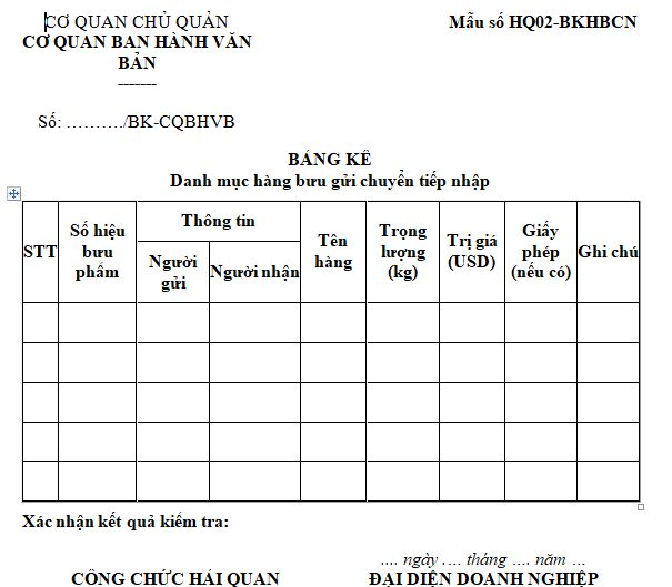 Mẫu bảng kê danh mục hàng bưu gửi chuyển tiếp nhập