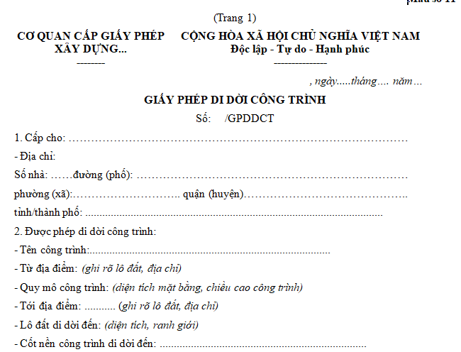 Mẫu giấy phép di dời công trình