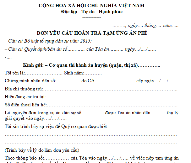 Mẫu đơn yêu cầu hoàn trả tạm ứng án phí