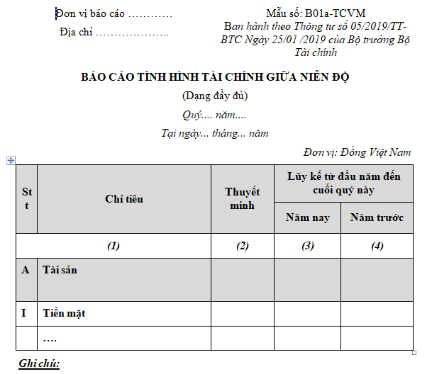 Báo cáo tình hình tài chính giữa niên độ