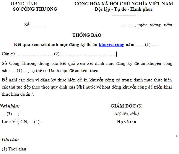 Mẫu thông báo kết quả xem xét danh mục đăng ký đề án khuyến công