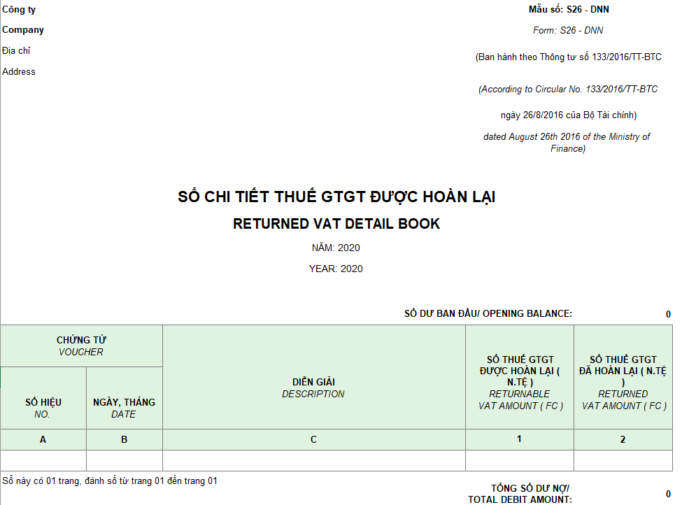 Mẫu sổ chi tiết thuế GTGT được hoàn lại ( Song ngữ - Ngoại tệ ) theo TT 133
